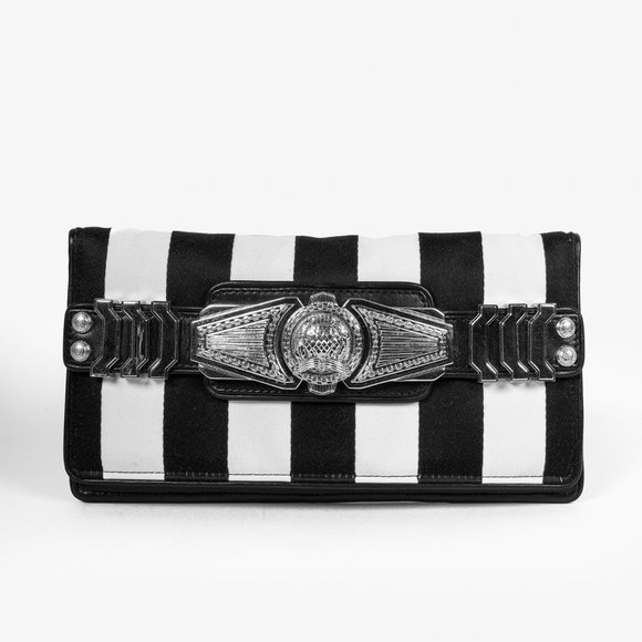 Balmain Black White Stripe Clutch Silver Tone Hardware - Picture 2 of 10